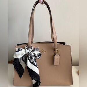 Coach Tatum Taupe Beige Leather Carryall Tote with Scarf Accent